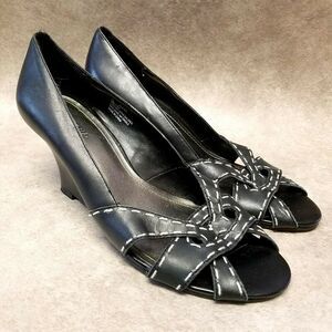 Merona Womens Alexa  Size 7.5 Black  Leather Slip On Peep Toe 3" Wedge Heels